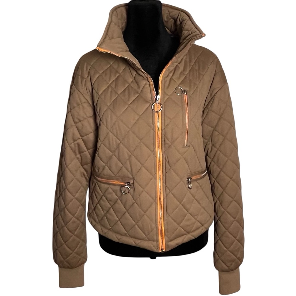 Avec Les Filles Quilted Cropped Mock High Neck Zip Front Jacket Orange Zip — S - Picture 9 of 14